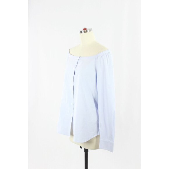 THEORY Auriana Blue Stretch Cotton Poplin Off Shoulder Button Up Shirt, Size L - Picture 4 of 15